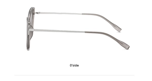 Side profile of grey cat-eye sunglasses with polished silver metal temples on white