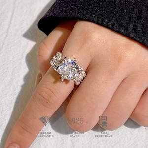 5 carat moissanite ring in S925 sterling silver with three rows of pavé diamonds