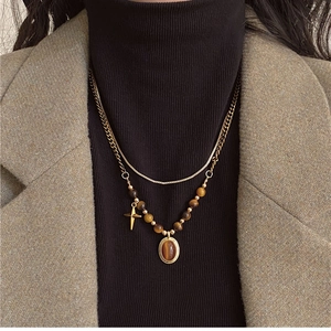 Double Layer Necklace Stainless Steel Tiger Eye Stone Beads Gold Plated Vintage Star Oval Gemstone Clavicle Chain For Women