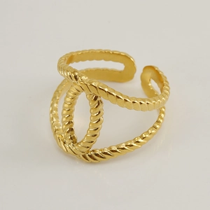 Fashionable 18K gold stainless steel open ring with double layer rope twist hollow design