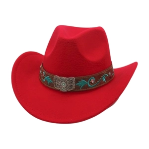 Detail of red wool felt cowboy hat with embroidered leather band and silver buckle