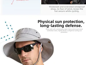 Détail du chapeau de soleil gris avec cordon coupe-vent de 31 cm et trous d'aération en métal