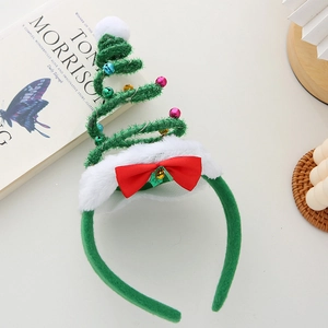 LED Christmas headband with green spiral tree, colorful bells, and red festive bow