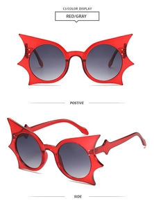 Front and side views of red butterfly sunglasses with gray gradient lenses