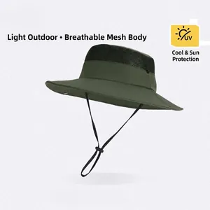 Olive green outdoor sun hat with wide brim, breathable mesh and adjustable windproof cord