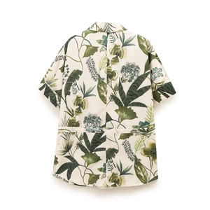 Relaxed tropical leaf print short sleeve shirt in cream cotton linen back view