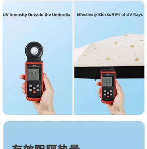 UV test display showing 99% sun protection for beige mini heart folding umbrella