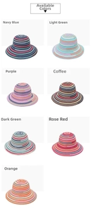 Detail showing seven color options for striped woven sun hats for beach vacations