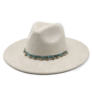Classic cream faux suede fedora hat with bohemian turquoise and silver bead band