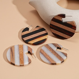 Vintage Geometric Round Hollow Earrings With Striped Wood Resin Patchwork And Silver Earring Post For Women
