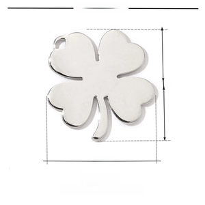 Detailed view of silver stainless steel clover charm with dimensions 16mm x 13mm