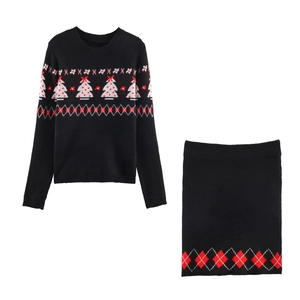 Women Knitted Christmas Tree Jacquard Crew Neck Long Sleeve Sweater And Bodycon Mini Skirt Festive Winter Outfit