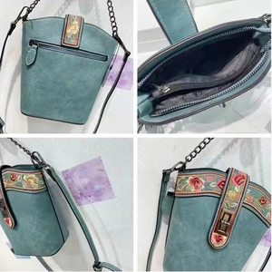 Teal vintage embroidery bucket bag with floral patterns shown in multi-angle views