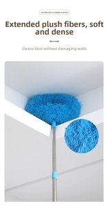 Blue microfiber ceiling fan duster with extendable stainless steel pole for high cleaning