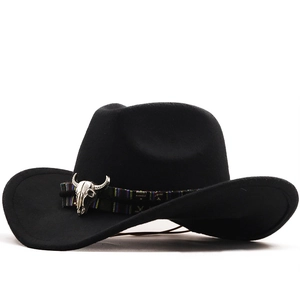 Classic black wool western cowboy hat with ethnic band and silver bull skull ornament