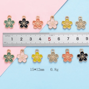 Mini enamel sakura flower alloy pendants in six colors with size scale measurement