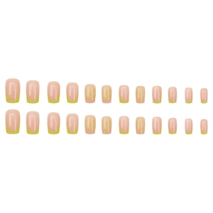 Neon yellow heart press-on nails set in French tip design with 24 short square pieces