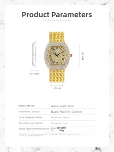 Technical parameters and dimensions of the gold rhinestone tonneau quartz watch.