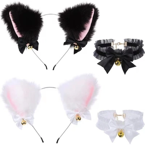 Halloween Oreilles de Chat Serre-tête Et Choker Collier Ensemble Fausse Fourrure Oreilles d'Animaux Bandeau Avec Cloches Noeuds Dentelle Pour Cosplay Fête Femmes Accessoires de Costume