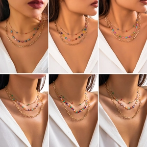Multi Layer Layered Necklace For Women Gold Alloy Iron Colorful Enamel Heart Butterfly Star Evil Eye Boho Fashion