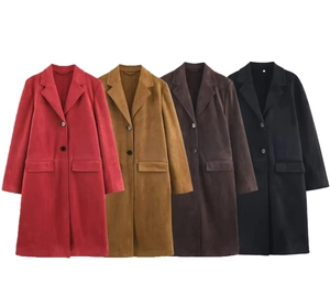 Detailed comparison of long faux suede coats in red, khaki, brown and black colors