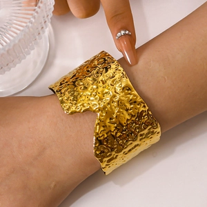 French retro gold V-shaped textured wide cuff bracelet with unique hammered metal surface