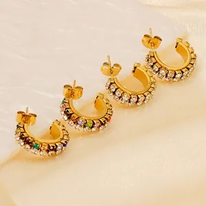 18K gold-plated C-shaped hoop earrings featuring white and colorful pavé cubic zirconia