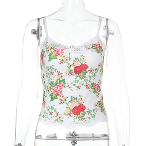 Detailed close-up of floral camisole featuring white lace trim and front buttons