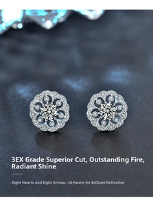 Close-up of 925 sterling silver floral earrings with 3EX cut sparkling center stones