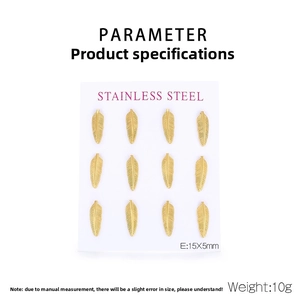 Detailed view of 12 gold feather stainless steel stud earrings with size and weight specs