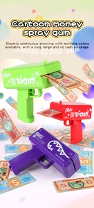 Detail view of colorful electric money spray guns in red, purple, and green for parties