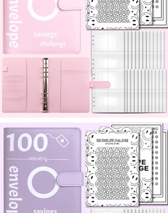 Detail of pink and purple PU leather binders for the 100 envelope savings challenge