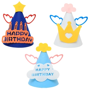 Three colorful felt birthday hats with wings and stars for baby party photos
