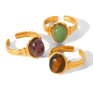 Set of three 18K gold plated stainless steel open rings with oval natural gemstones