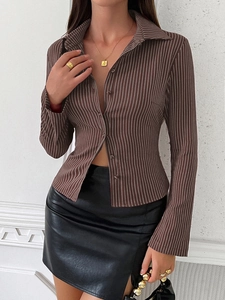 Chemise Y2K rayée à manches longues pour femmes, marron et blanc, coupe slim élégante