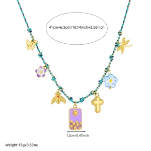 Bohemian braided cord necklace with gold and purple enamel bee and cross pendants