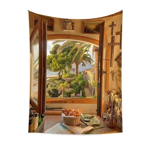 Detail view of Bohemian tapestry featuring a realistic window view with palms and ocean