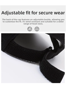 Detail of breathable perforated fabric and adjustable velcro strap on black sports cap