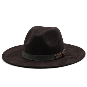 Detail of dark brown faux suede fedora featuring a woven band and leather fastener buckle