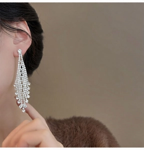 Close-up of elegant long silver tassel earrings with rhinestones worn by a model