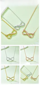 Detailed view of infinity symbol necklaces in silver, gold and rose gold finishes