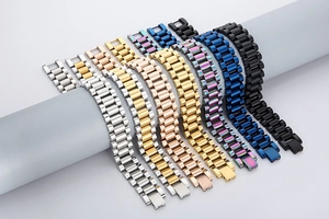 Detail view of adjustable stainless steel watch band style bracelets in various colors