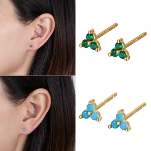 S925 sterling silver flower stud earrings with green and blue zircon gemstones