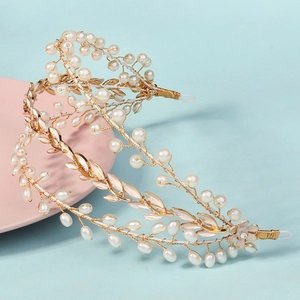 Handmade gold leaf bridal headband featuring three-layer pearls and floral alloy crown