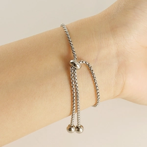 Adjustable stainless steel silver box chain bracelet with bolo slide clasp and round beads