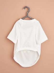 Detailed view of white mesh pet T-shirt featuring breathable fabric and ribbed neckline