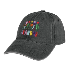 Detail of colorful floral and GRANDMA embroidery on washed dark grey cotton baseball cap