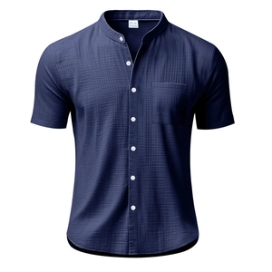 Detailed close-up of dark blue linen-cotton shirt fabric texture and white button