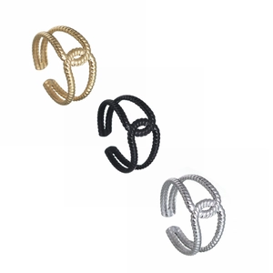 Three-piece set of twisted rope open rings in gold, black, and silver stainless steel