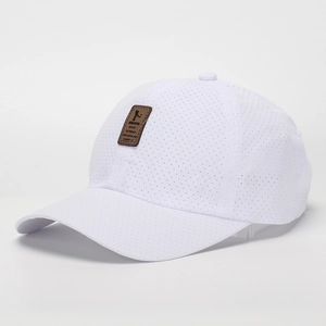 Detail of white quick-dry baseball cap featuring breathable mesh and brown leather patch